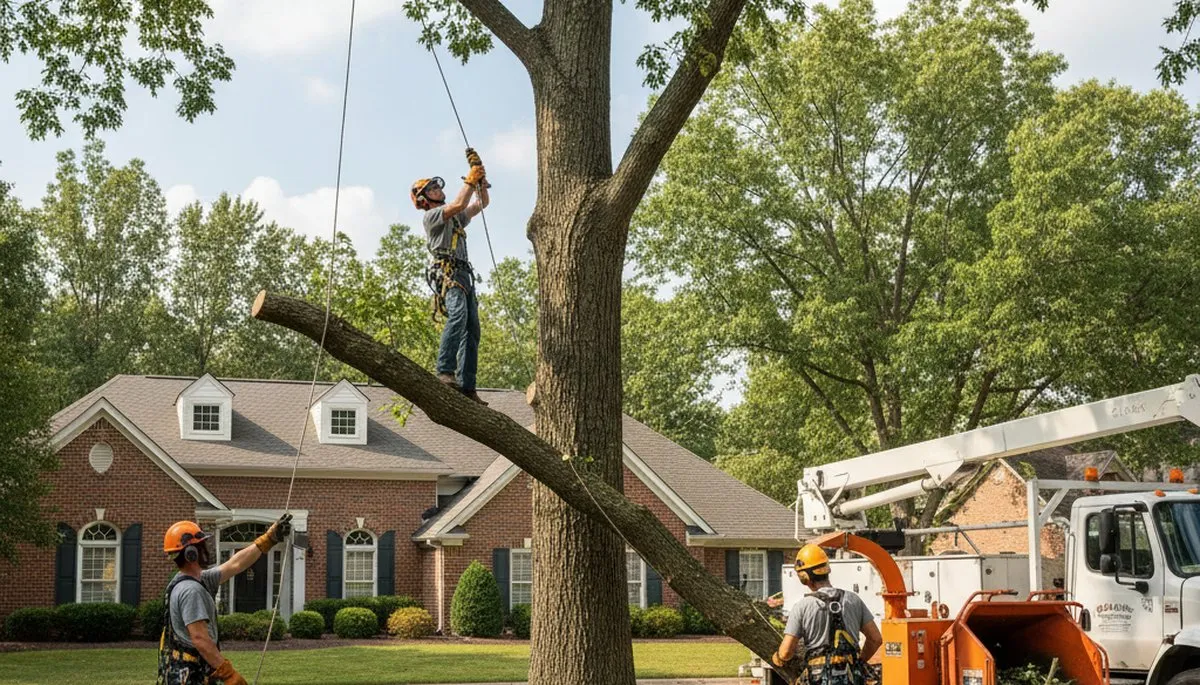 Tree service crew removing a tree in Columbia, MO for safe residential property clearance