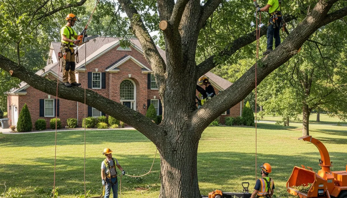 Tree service crew removing a tree in Columbia, MO for safe residential property clearance